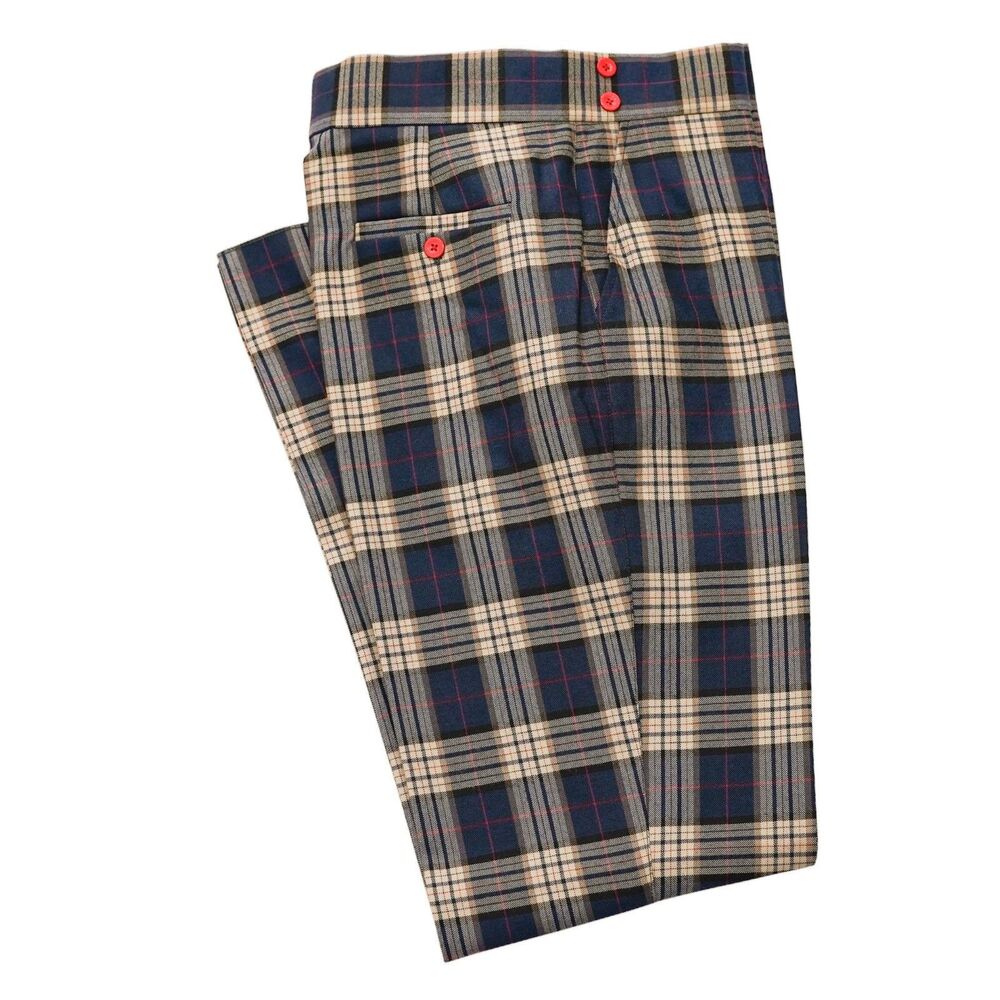 Mens 32 Gurkha Pants Blue Beige Red Plaid Wool High Waist Flat Front Trousers